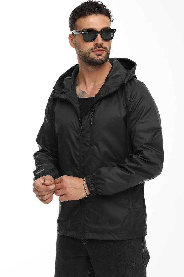 Men's Black Windproof Hooded Raincoat with Pockets and Lining - 11