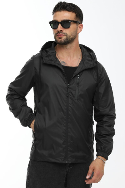 Men's Black Windproof Hooded Raincoat with Pockets and Lining - 12