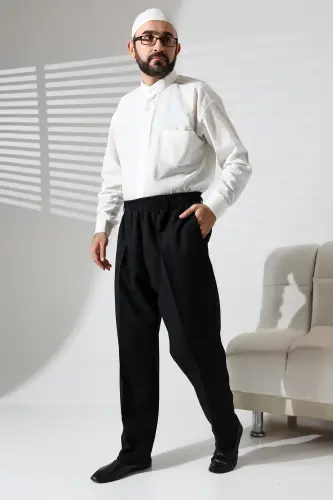 Men's Black Winter Wool Effect Fabric Shalwar Pants with Elastic Waist and Pockets (İSR)-Black - 1