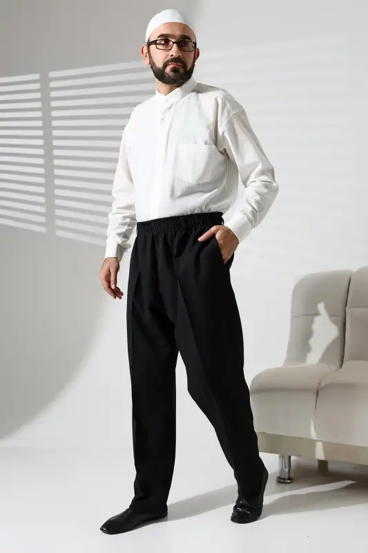 Men's Black Winter Wool Effect Fabric Shalwar Pants with Elastic Waist and Pockets (İSR)-Black - IHVAN ONLINE