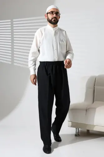 Men's Black Winter Wool Effect Fabric Shalwar Pants with Elastic Waist and Pockets (İSR)-Black - 2