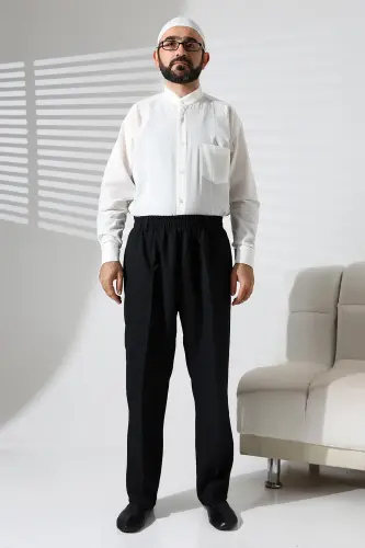 Men's Black Winter Wool Effect Fabric Shalwar Pants with Elastic Waist and Pockets (İSR)-Black - 3