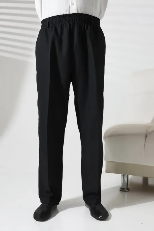 Men's Black Winter Wool Effect Fabric Shalwar Pants with Elastic Waist and Pockets (İSR)-Black - 4