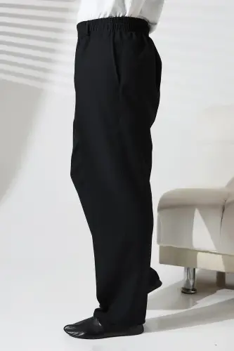 Men's Black Winter Wool Effect Fabric Shalwar Pants with Elastic Waist and Pockets (İSR)-Black - 5