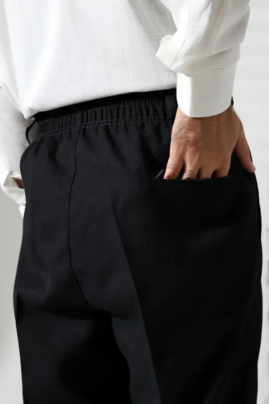 Men's Black Winter Wool Effect Fabric Shalwar Pants with Elastic Waist and Pockets (İSR)-Black - 6