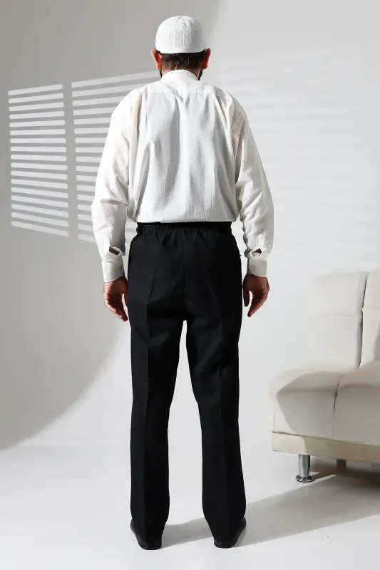 Men's Black Winter Wool Effect Fabric Shalwar Pants with Elastic Waist and Pockets (İSR)-Black - 7