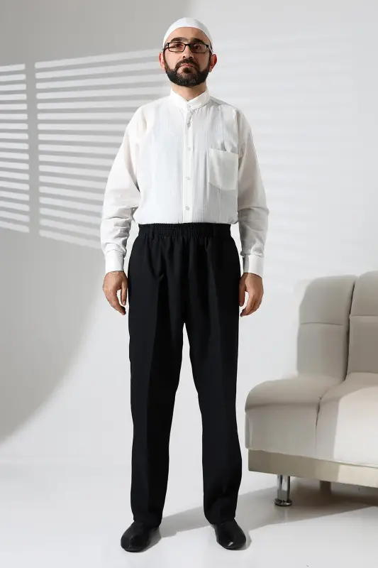 Men's Black Winter Wool Effect Fabric Shalwar Pants with Elastic Waist and Pockets (İSR)-Black - 3