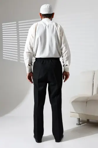 Men's Black Winter Wool Effect Fabric Shalwar Pants with Elastic Waist and Pockets (İSR)-Black - 7