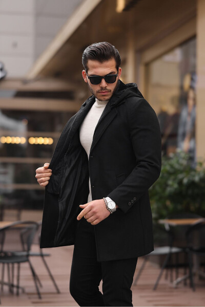 Men's black wool blend cashmere coat with hood, zipper and button closure. - 1