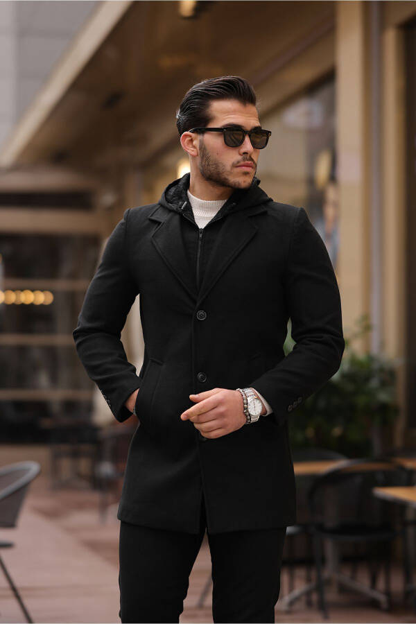 Men's black wool blend cashmere coat with hood, zipper and button closure. - 4