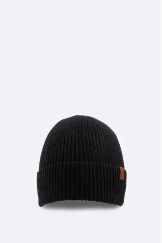 Men's Black Wool Logo Ribbed Beanie B009200-Black - 1