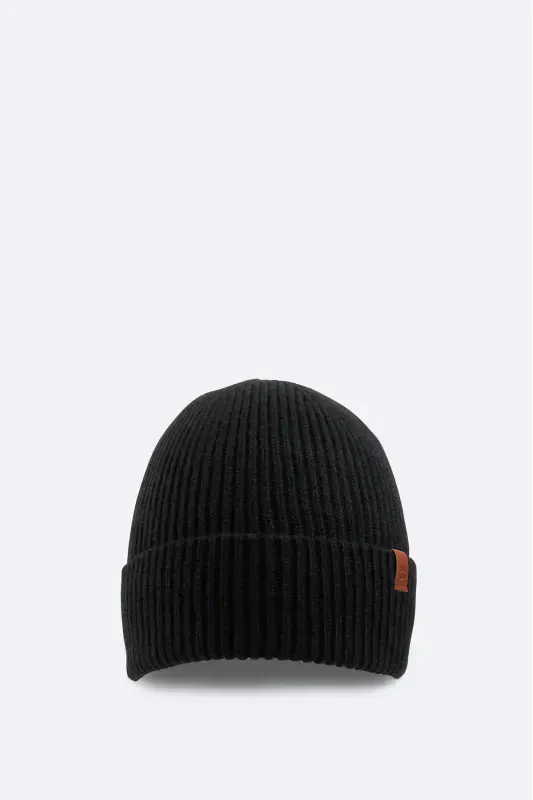 Men's Black Wool Logo Ribbed Beanie B009200-Black - 1