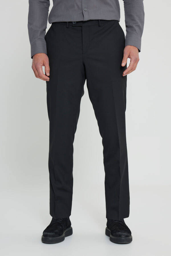 Men's Black Wool Slim Fit Narrow Cut Elastic Waist Side Pocket Classic Trousers - 1