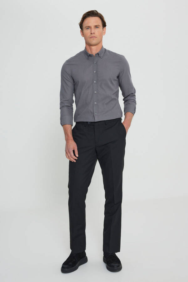 Men's Black Wool Slim Fit Narrow Cut Elastic Waist Side Pocket Classic Trousers - 2