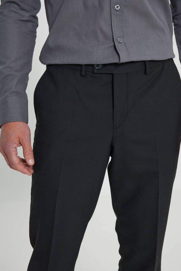 Men's Black Wool Slim Fit Narrow Cut Elastic Waist Side Pocket Classic Trousers - 4