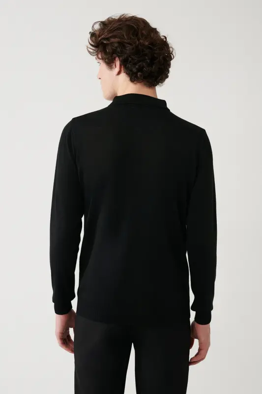 Men's Black Zip-Up Wool Blend Striped Knit Sweater A32y5094-Black - 4