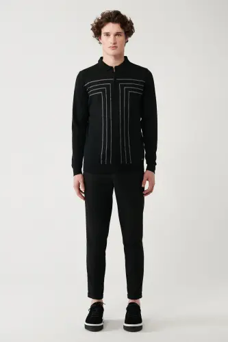 Men's Black Zip-Up Wool Blend Striped Knit Sweater A32y5094-Black - 6