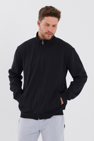 Men's Black Zippered Hoodie with Cotton Lining and Side Pockets - 1