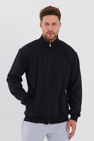 Men's Black Zippered Hoodie with Cotton Lining and Side Pockets - 2