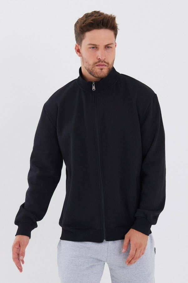 Men's Black Zippered Hoodie with Cotton Lining and Side Pockets - 3