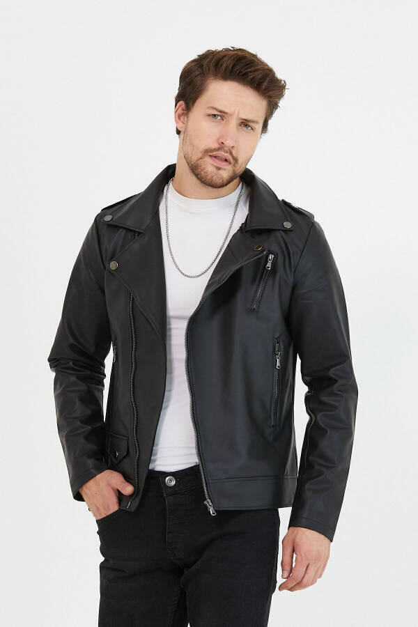 Men's Black Zippered Leather Jacket - 1