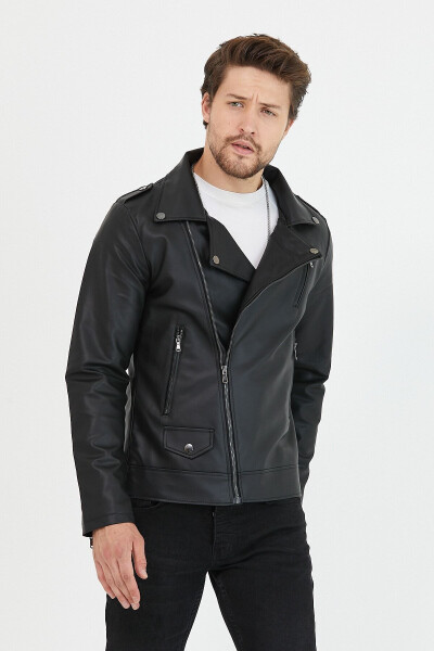 Men's Black Zippered Leather Jacket - 3