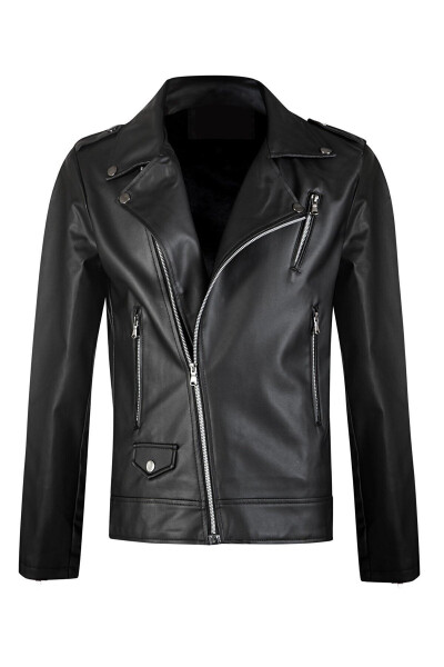 Men's Black Zippered Leather Jacket - 5