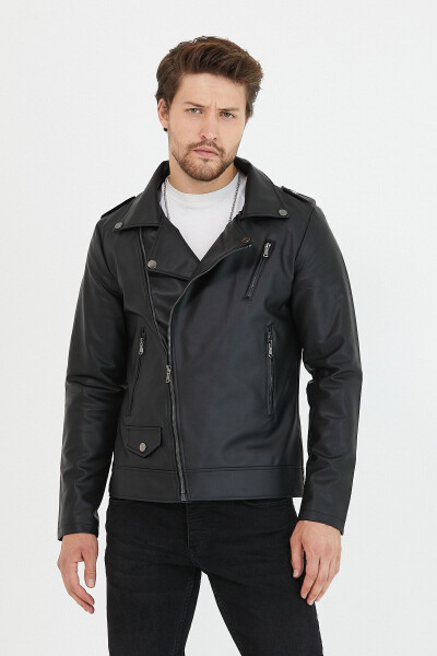 Men's Black Zippered Leather Jacket - 6