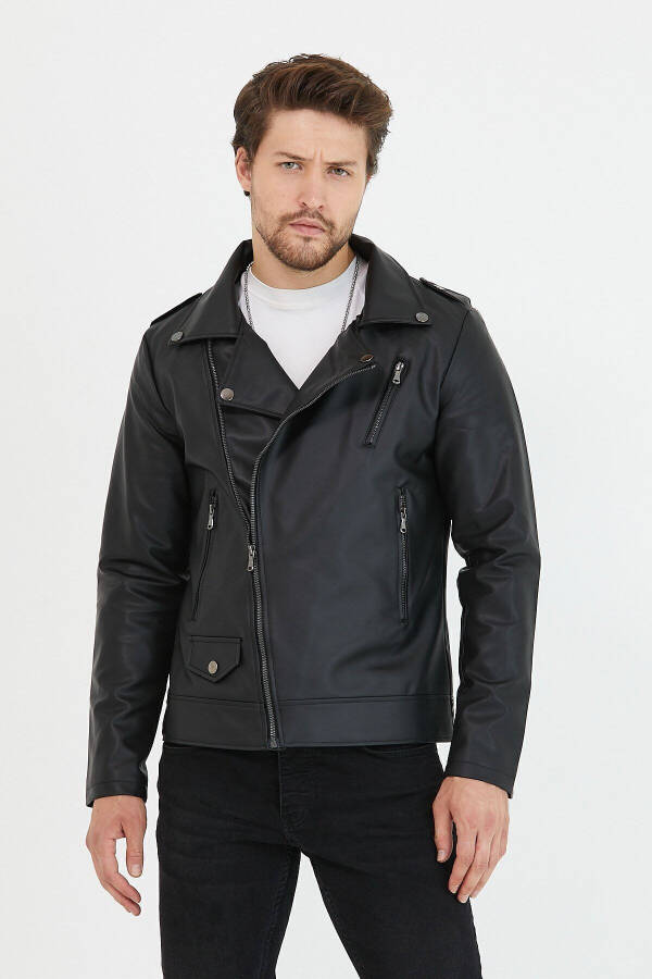 Men's Black Zippered Leather Jacket - 6