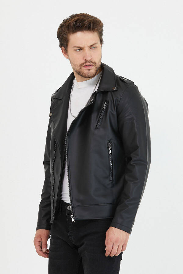 Men's Black Zippered Leather Jacket - 7