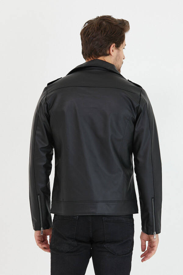 Men's Black Zippered Leather Jacket - 8