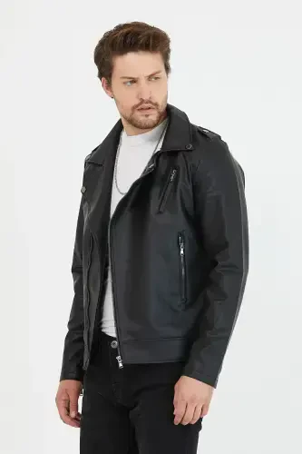 Men's Black Zippered Leather Jacket - 5