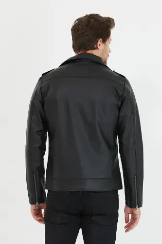 Men's Black Zippered Leather Jacket - 6