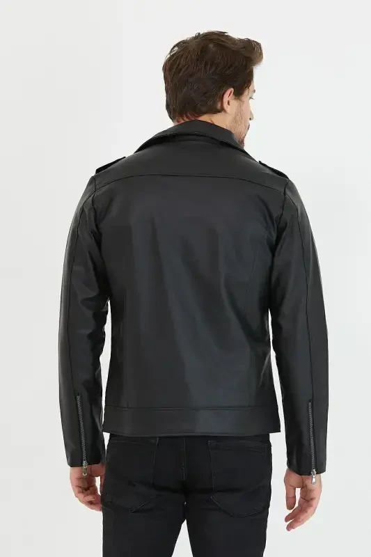Men's Black Zippered Leather Jacket - 6