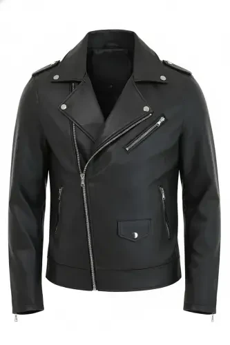 Men's Black Zippered Leather Jacket - 7