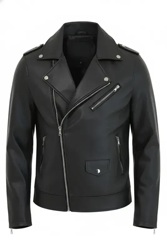 Men's Black Zippered Leather Jacket - 7