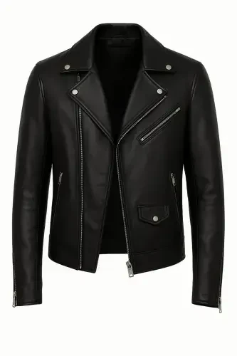 Men's Black Zippered Leather Jacket - 8