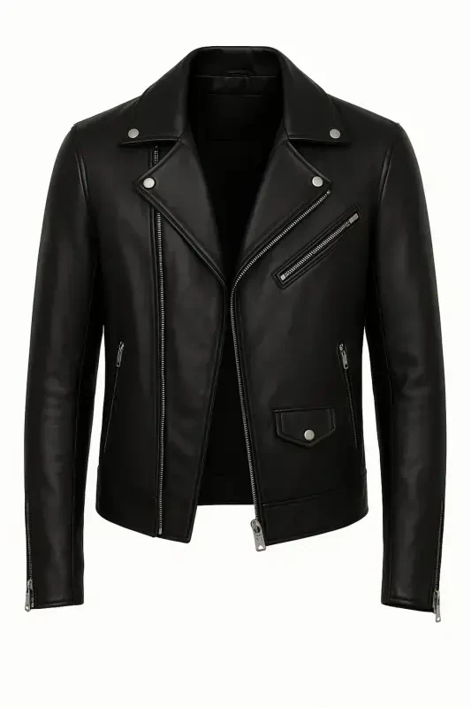 Men's Black Zippered Leather Jacket - 8