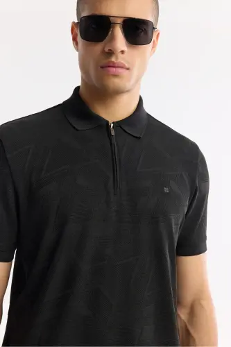 Men's Black Zippered Polo Collar Jacquard T-Shirt A51Y1059-Black - AVVA (1)