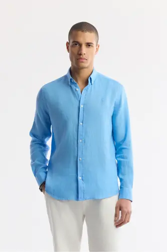 Men's Blue 100% Linen Shirt, Button Down Collar, Comfort Fit, B002191 
