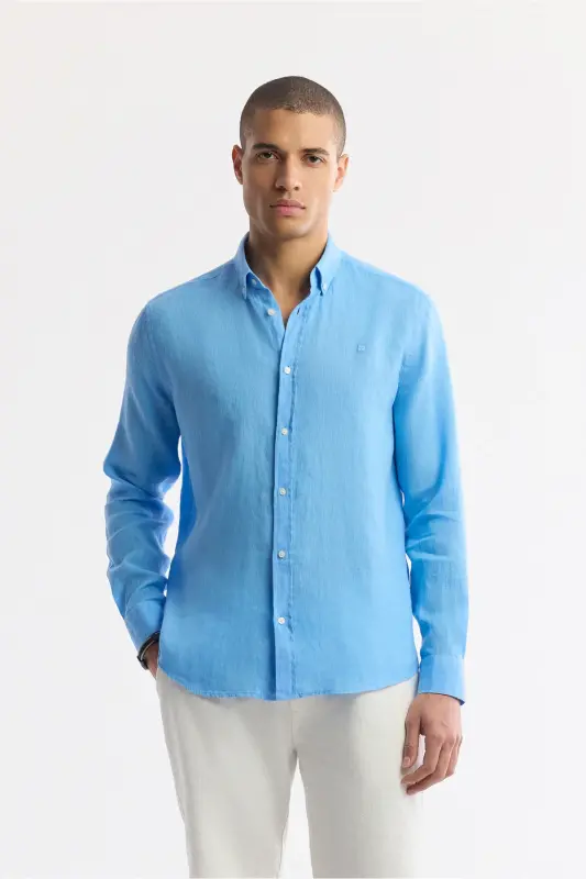Men's Blue 100% Linen Shirt, Button Down Collar, Comfort Fit, B002191 - AVVA