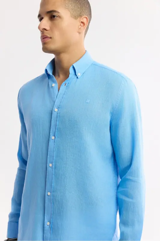 Men's Blue 100% Linen Shirt, Button Down Collar, Comfort Fit, B002191 - 2