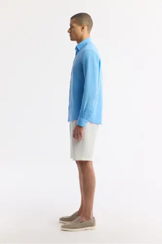 Men's Blue 100% Linen Shirt, Button Down Collar, Comfort Fit, B002191 - 3