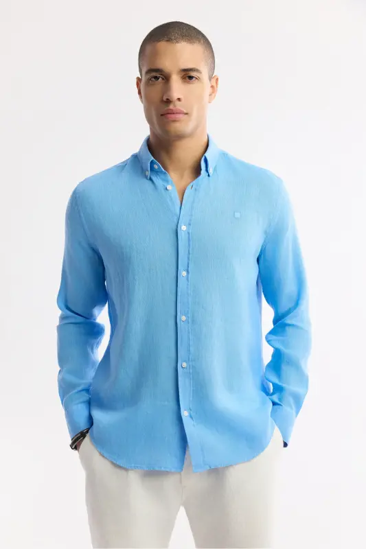 Men's Blue 100% Linen Shirt, Button Down Collar, Comfort Fit, B002191 - 5