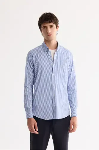 Men's Blue Button-Down British Collar Easy Iron Shirt - 1