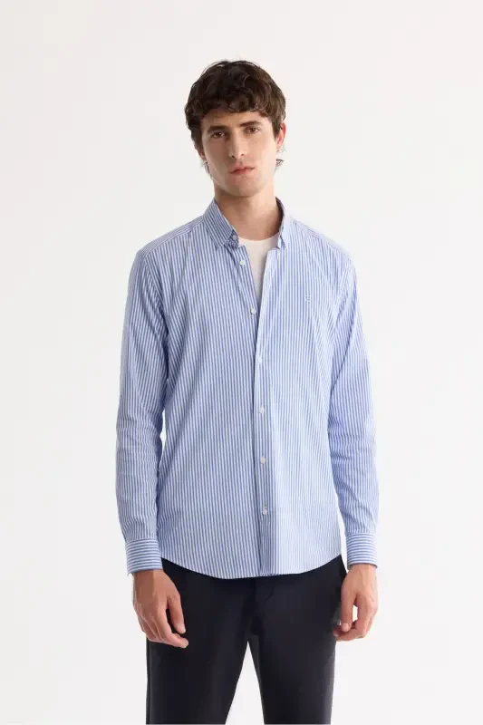 Men's Blue Button-Down British Collar Easy Iron Shirt - 1
