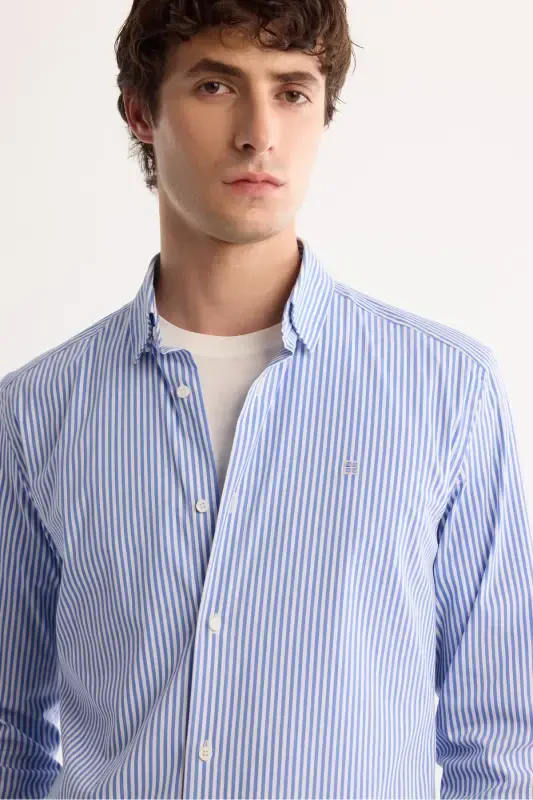 Men's Blue Button-Down British Collar Easy Iron Shirt - 3