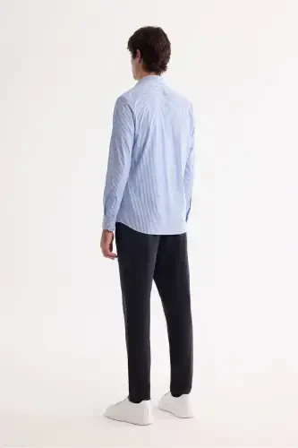 Men's Blue Button-Down British Collar Easy Iron Shirt - 5