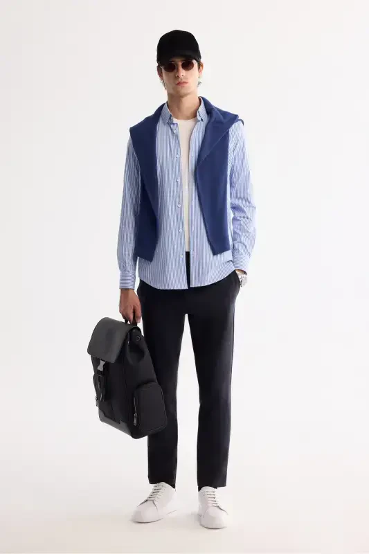 Men's Blue Button-Down British Collar Easy Iron Shirt - 6