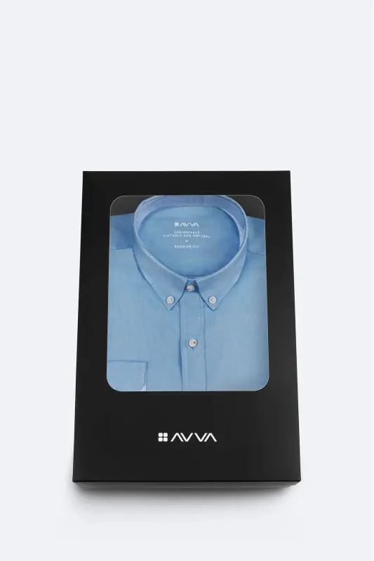 Men's Blue Button-Down Collar 100% Cotton Oxford Shirt B002034-Blue - AVVA
